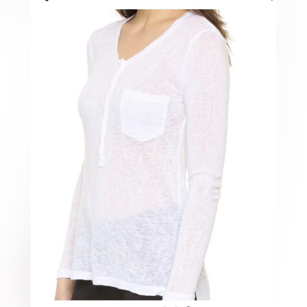 Rails White Long Sleeve Henley Distressed Long Body Hugging Tee Half Button Up